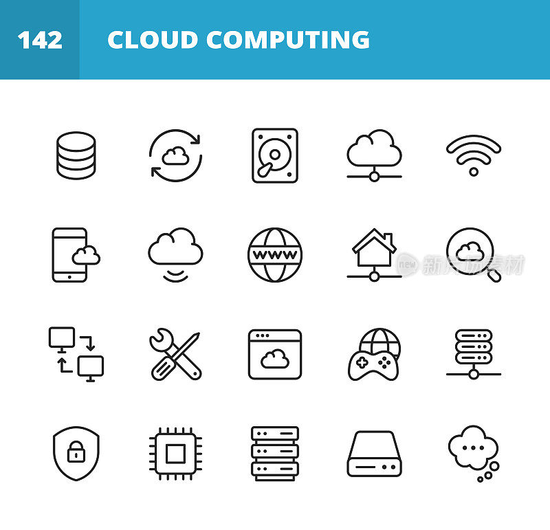 Cloud Computing Line Icons. Editable Stroke. Pixel Perfect. For Mobile and Web. Contains such icons as Cloud Computing, Computer Network, Network Server, Streaming, Downloading, Uploading, Cybersecurity, Online Banking, E-Commerce, Storage, Web.